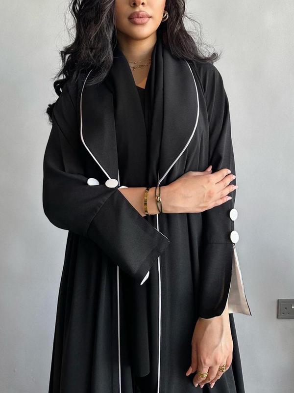 Arabic Clothing-Solid Fake Buttons Plicated Abaya, Elegant Split Sleeve Shawl Collar Outerwear, Women's Islamic Clothing For Spring & Fall 4