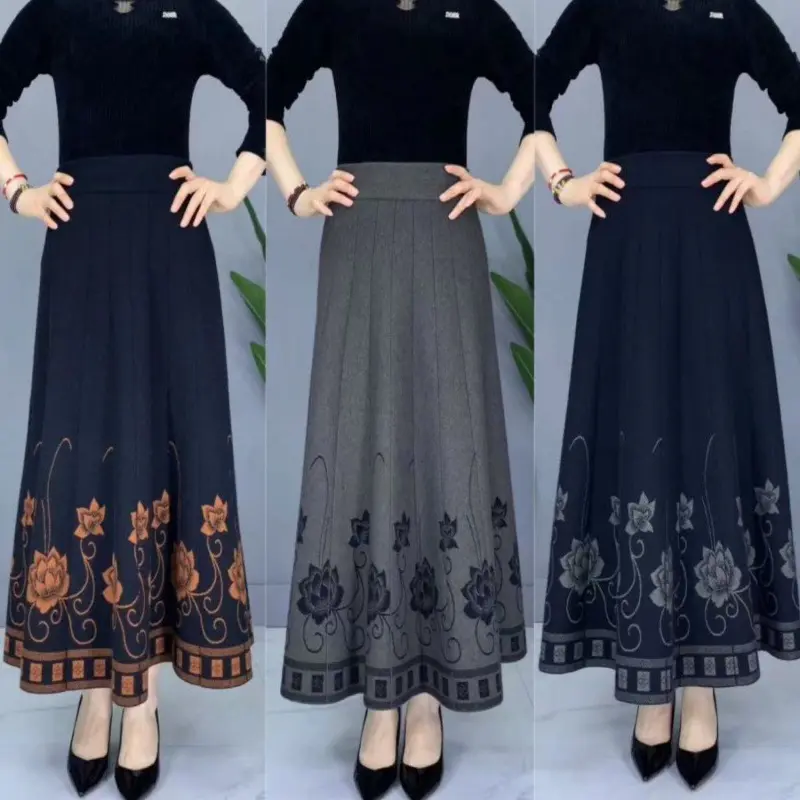 Váy Dệt Kim, Dày Dặn, Dài Trung Bình Dành Cho Phụ Nữ, Mùa Thu Và Mùa Đông, Co Giãn, Phong Cách Dân Tộc, Váy Chữ A, Thích Hợp Cho Phụ Nữ Trung Niên, Váy Cho Mẹ, Váy xòe Lớn