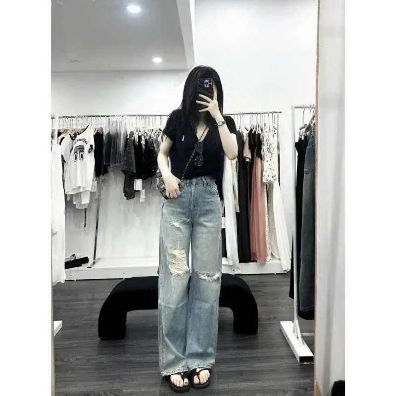 Quần Jean Nữ Ống Rộng Bigsize 55-90kg Lưmg Cao Phối Rách 2 bên, Quần Bò Nữ Bigsize Ms243