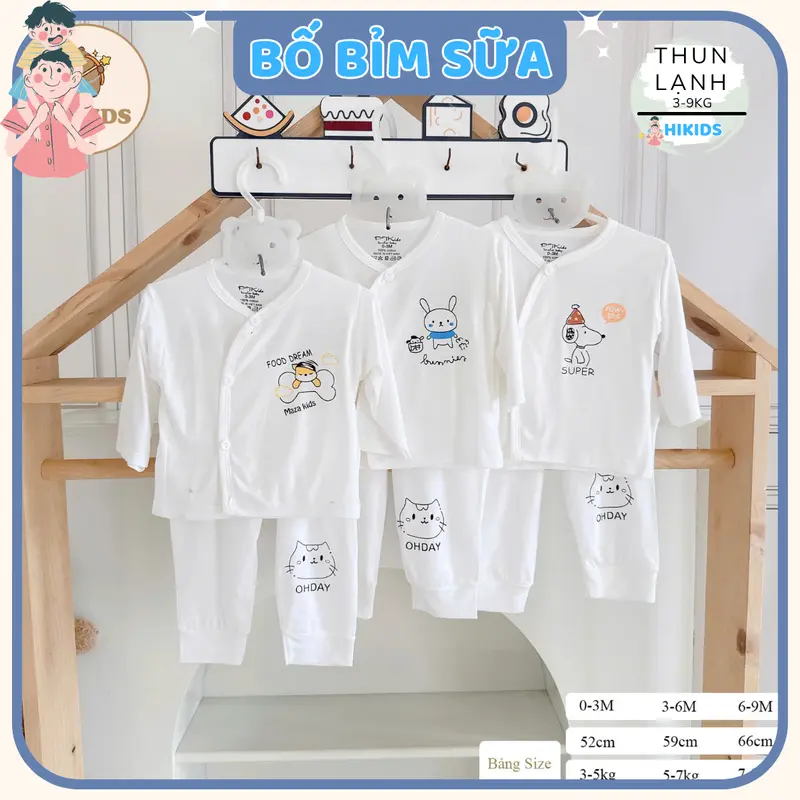 (Mỏng Mát) Combo 3 - 5 bộ quần áo dài tay sơ sinh TT chất thun lạnh cho bé  trắng in hoạ tiết cho bé 0 - 9 tháng [DL0] hikids set  đồ 1