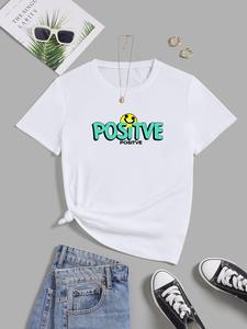 ImprinTee Women's Cartoon Smile Face & Letter Print Round Neck Tee, Trendy Casual Short Sleeve T-Shirt for Daily Wear, Ladies Summer Outfit