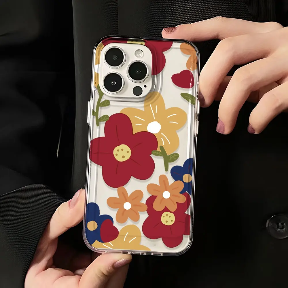 Transparent metal buttons space case for iphone 15 pro max 14 11 13 12 7Plus X XS Max Fashion oil painting flowers Cover