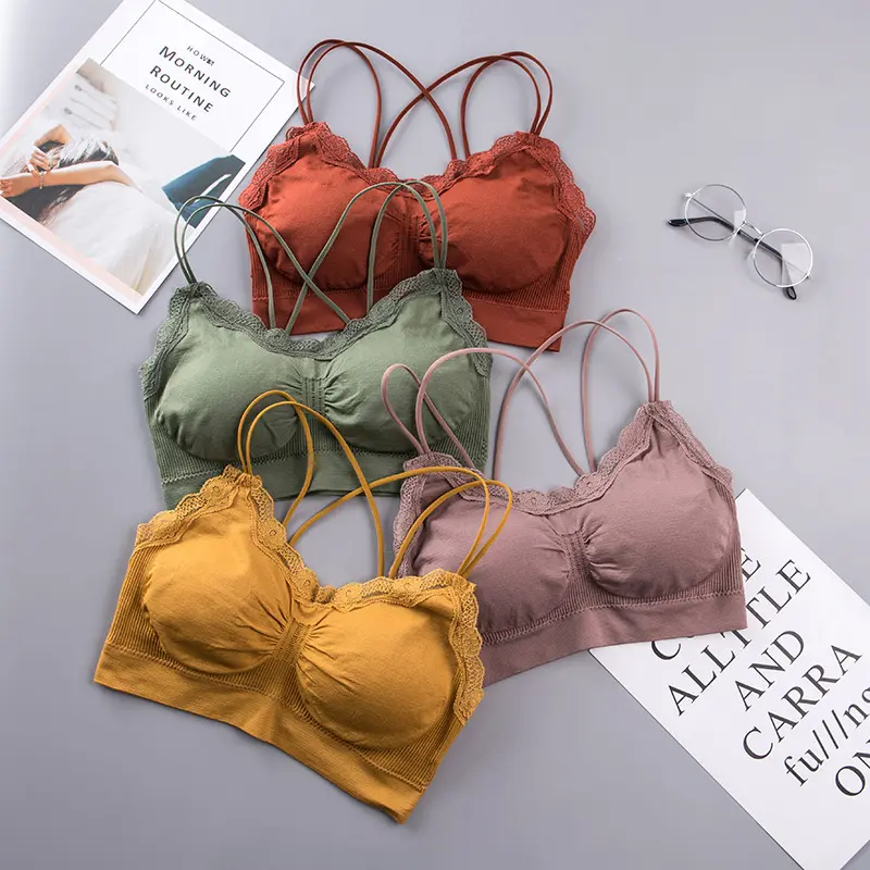Seamless sexy lace sports bra without steel ring sling back bustier with bra pads wrap tank top female
