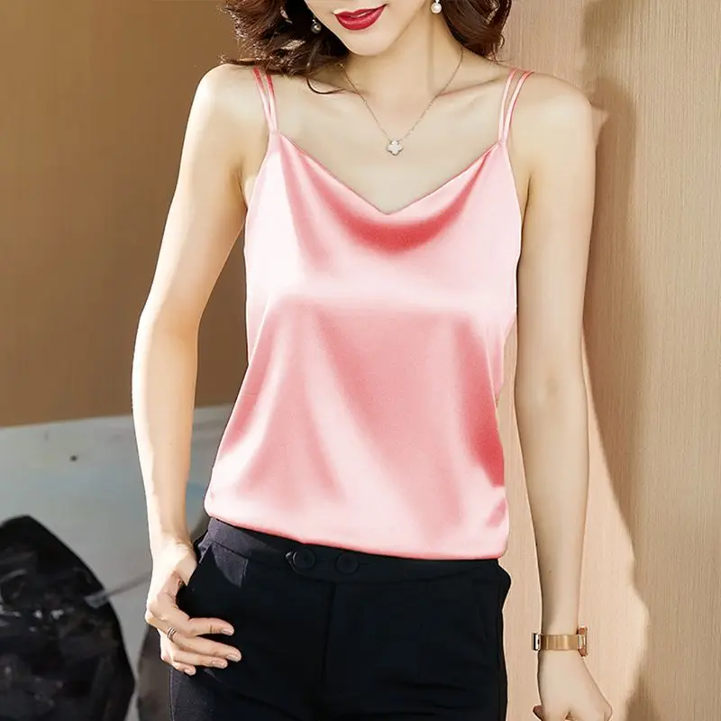 Áo Yếm Satin Lụa Lạnh Mùa Hè, Dành Cho Nữ, Thích Hợp Để Đi Xe Cơ Bản, Thiết Kế Đẹp, Độc Đáo, Có Thể Mặc Ngoài Trời, Áo Khoác Giấu Bụng 2