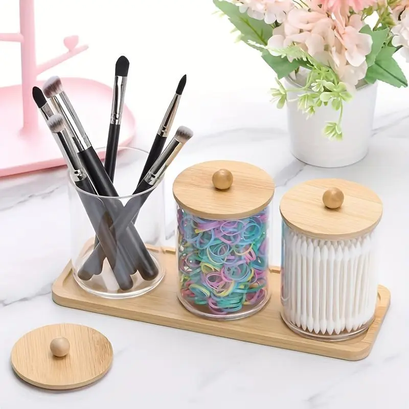 Cotton Swab Storage Bottles with Wooden Lid, Toothpick Storage Bottle with Tray, Bathroom Containers Dispenser, Floss Organizer Canisters 4