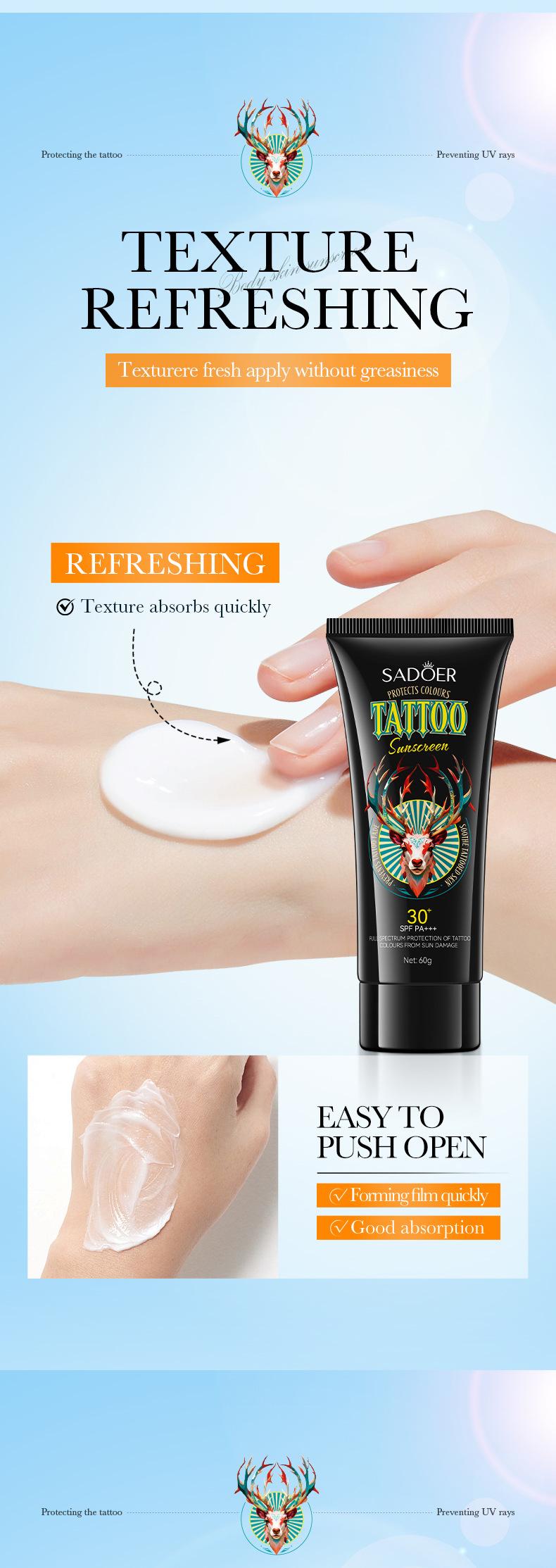 Product Introduction of 60g Tattoo Protects Colors Sunscreen SPF30+ PA+++ Protecting Tattoo Skins Full Spectrum Protection Soothing Moisturize Ultraviolet-Proof  Waterproof Body Care 7