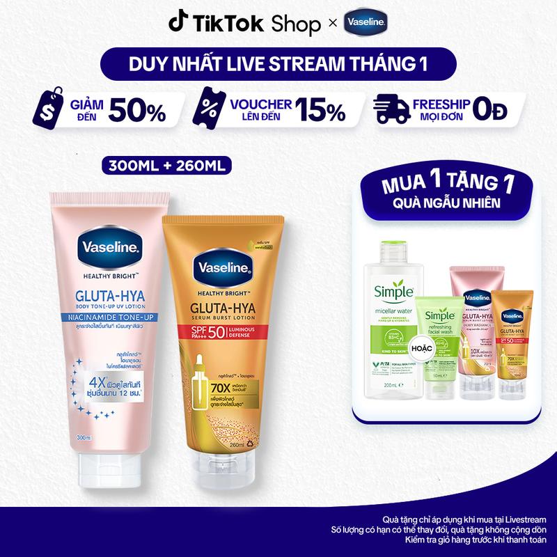   1  Combo 2 Dưỡng Body Vaseline Gluta-Hya Dưỡng Thể Hỗ Trợ Nâng Tông 300ML và Serum Chống nắng VASELINE Gluta Hya SPF50 260ML 