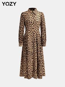 YOZY Women's Leopard Print Button Front Shirt Dress, Elegant Long Sleeve Collared Dress for Daily Outdoor Wear, Ladies Clothes for All Seasons