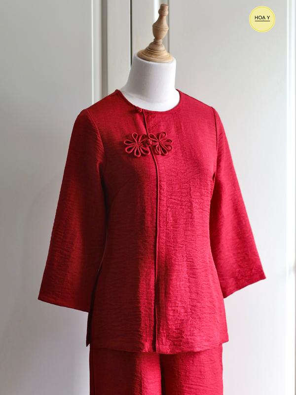 DL131 ĐỎ (Họa Y Pháp Phục) Đồ Lam Đi Chùa, Top Quần Áo Thời Trang Cho Phật Tử Nữ,  size S M L XL XXL, Pháp Phục, trang phục truyền thống thường mặc, chất đũi tơ Women trung niên 3