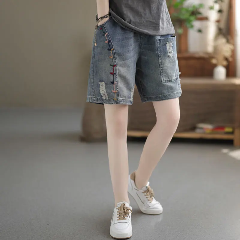 Quần Soóc Mùa Hè, Hàng Mới Về, Quần Nữ Thường Ngày Dáng Rộng, Ngoại Cỡ, Rách Và Thêu, Thẳng, Co Giãn, Phong Cách Harem, Giấu Kín, Quần Jean Women Pants