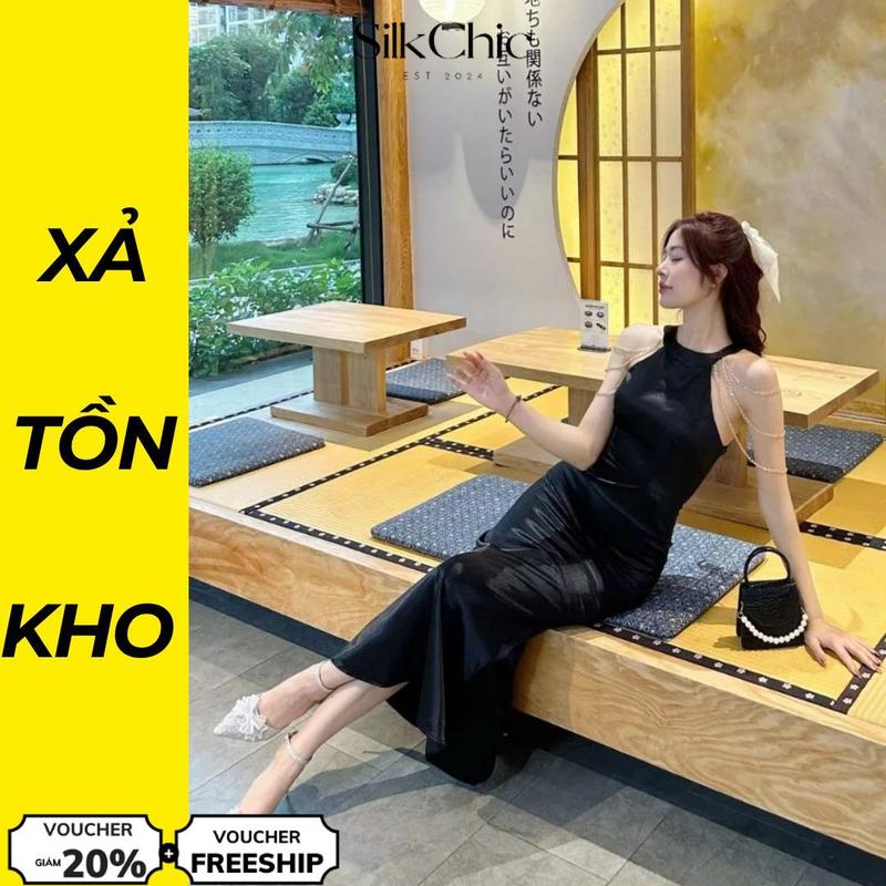 [DEAL XẢ KHO] Váy Lụa Ôm Dáng Dài Phối Dây Xích Quyến Rũ SC389 Váy Đuôi Cá Tôn Dáng Sang Trọng Đầm nữ Women Dress Đen