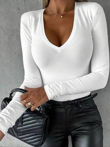 Camiseta de manga larga con cuello en pico en color liso para mujer, camiseta básica informal para primavera y otoño, top de mujer para el día a día