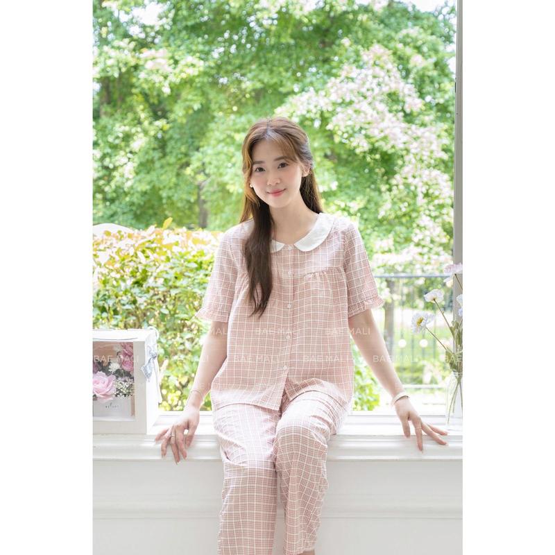  BAE MALI - Bộ mặc nhà kẻ quần dài thiết kế cổ boil SP417 