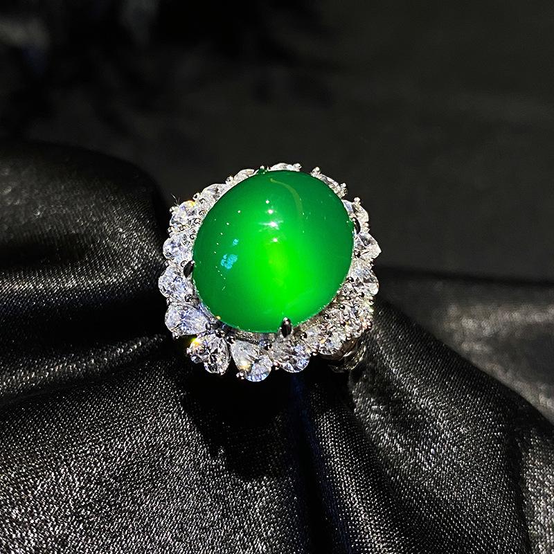 Product Introduction of Natural ice-permeable chlorite agate retro temperament full of zirconium open ring women, oval egg surface ring ornament 16