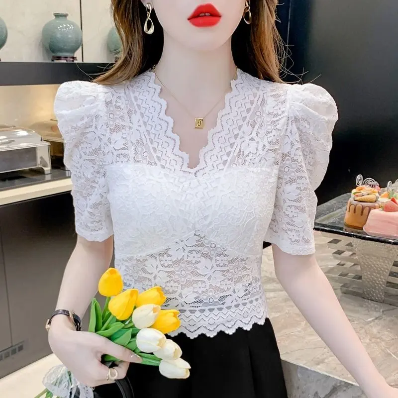 Áo Lớp Nền Sợi Lưới Ren khoét Cổ Chữ V, Dành Cho Nữ, Tay Phồng, Giấu Bụng, Thanh Lịch, Áo Sơ Mi Nhỏ Mùa Hè 2024 Women Top Nho