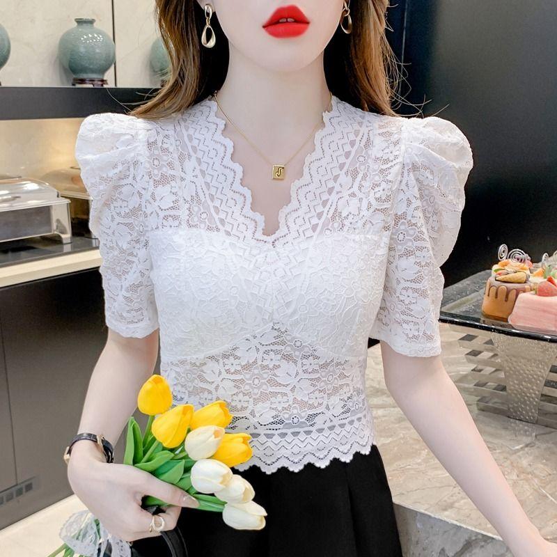 Áo Lớp Lưới Sợi Lưới Ren khoét Cổ Chữ V, Dành Cho Nữ, Phong Cách Phương Tây Thanh Lịch, Tay Phồng, Bó Sát Bụng, Thích Hợp Cho Mùa Hè 2024, Áo Sơ Mi Nhỏ 0