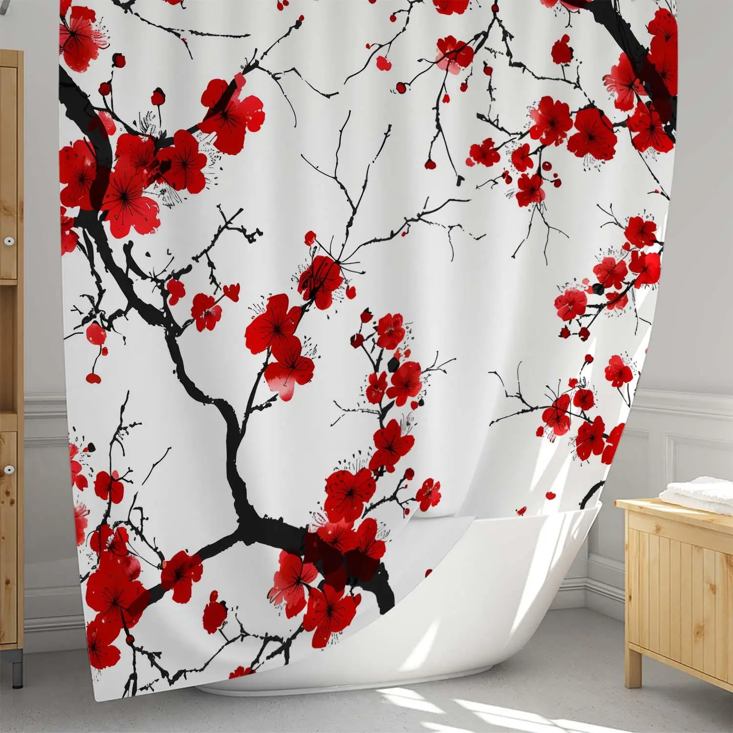 Cherry Blossom Pattern Shower Curtain, Bathroom Curtain with 12pcs Hooks, Bathroom Decor Supplies for Home Hotel Salon Dormitory
