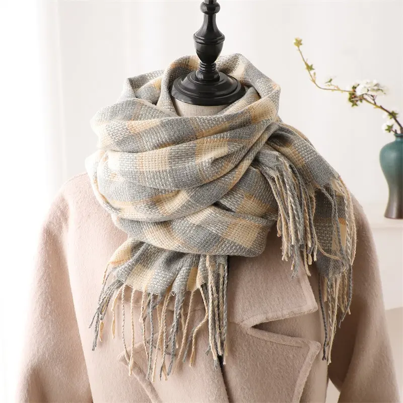Khăn Quàng quàng cổ Giả Cashmere Kẻ Sọc Tua Rua, Dành Cho Nữ, Mùa Thu Và Mùa Đông, Thời Trang Và Dễ Phối Đồ Dài Trung Bình Ấm Áp, Thích Hợp Cho Các Cặp Đôi, WT-12, Hàng Mới Về Khăn Choàng Choàng Cổ 1