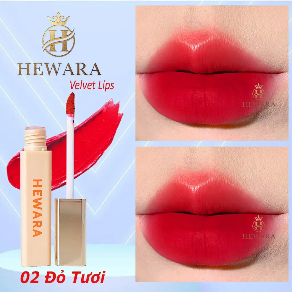 Son Kem Lì HEWARA Velvet Lips chất nhung mịn, mềm môi, bền màu, hàng chính hãng, màu ĐỎ TƯƠI