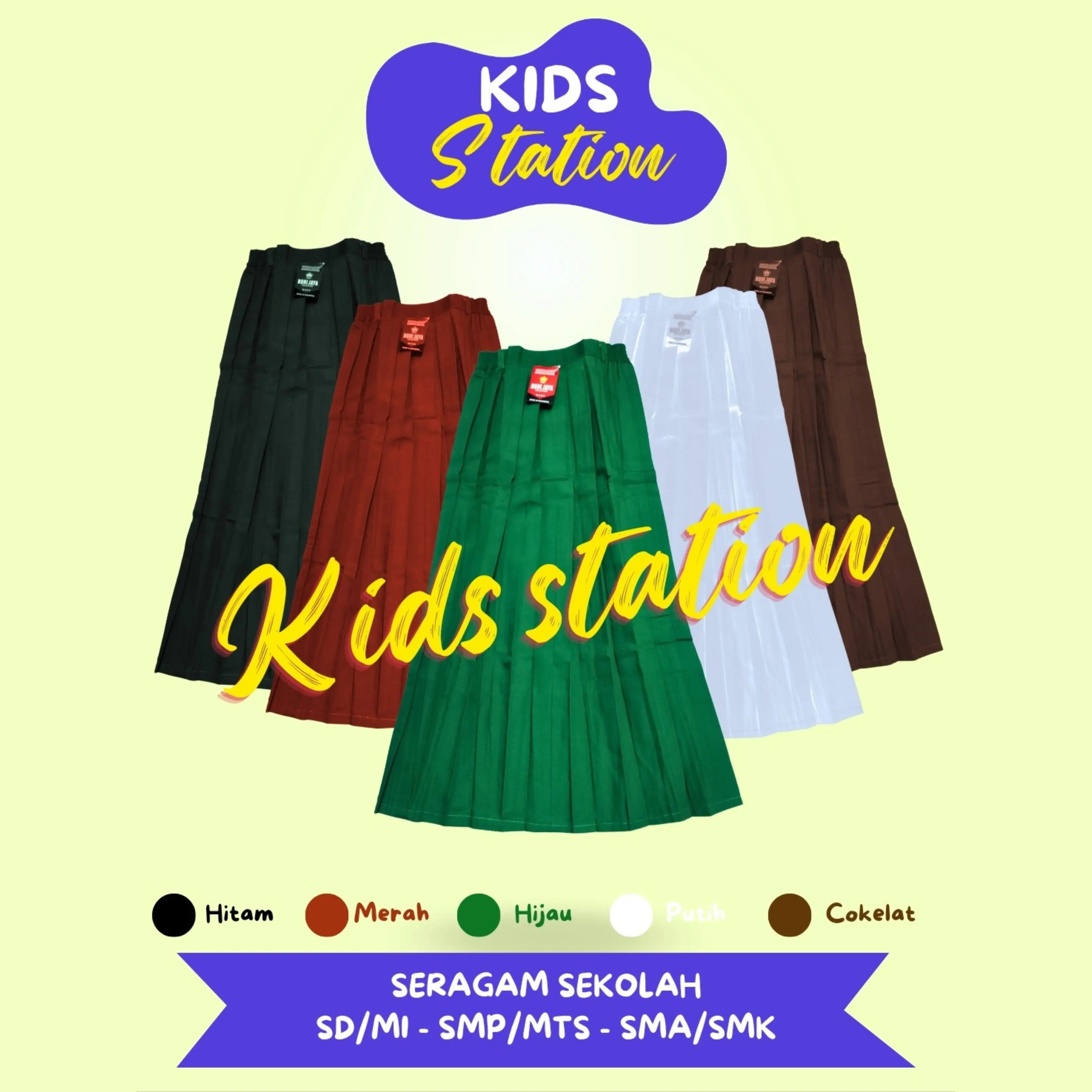 Rok Rempel Panjang SD MI Seragam Sekolah Kelas 1 2 3 4 5 6 Warna HIjau HItam Putih Cokelat Merah A-Line Anak Fashion