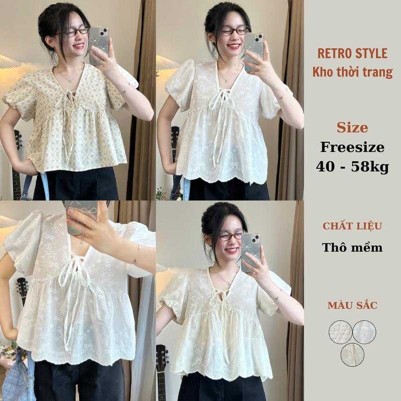 Áo babydoll dáng ngắn tay phồng thắt nơ xinh xắn Aobbd538