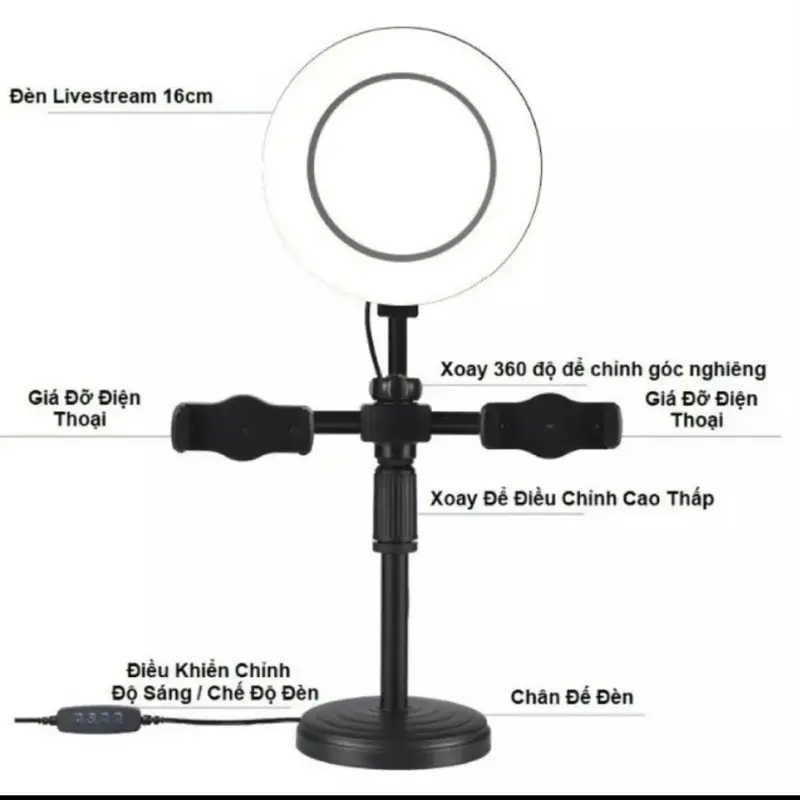 Đèn livestream để bàn có 2 kẹp điện thoại