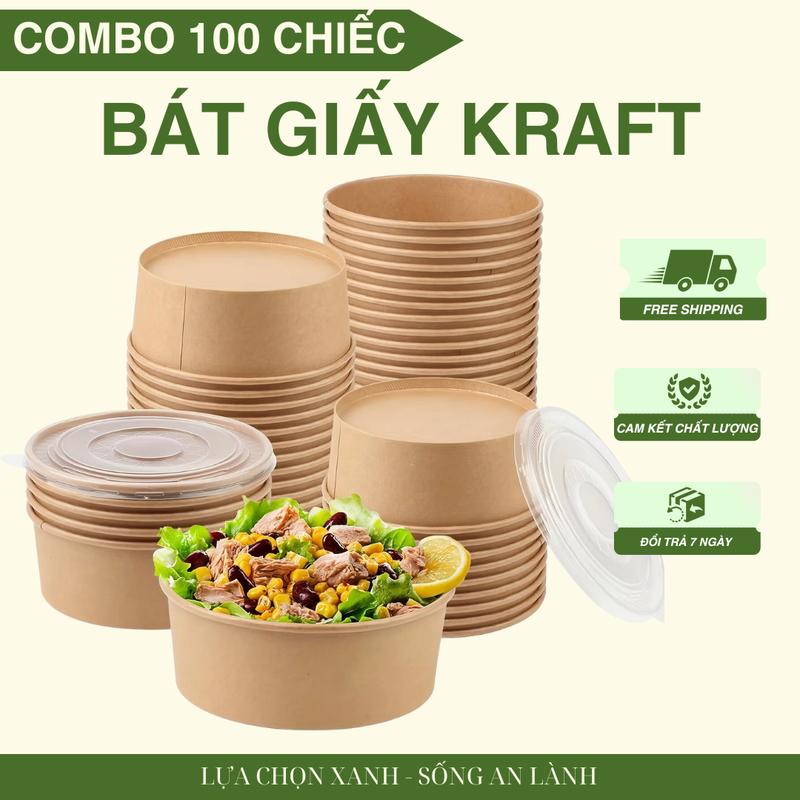 [COMBO100/1000ML] Combo 100 Bát Giấy Kraft 1000ML Dùng Một Lần, An Toàn Thân Thiện Với Môi Trường