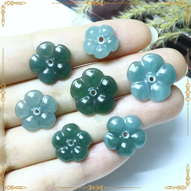 Đá Lam Ngọc Khắc Hoa Năm Cánh Jadeite Myanmar Type A Xâu Vòng, Dây Đeo, Làm Phụ Kiện Thời Trang - Halj Store 3