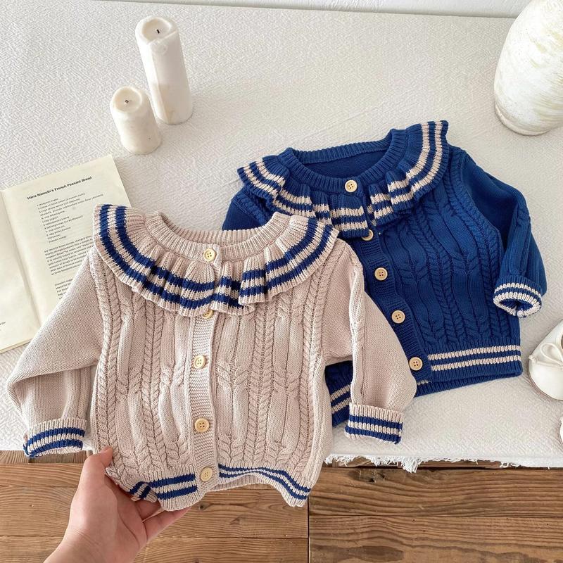 Product Introduction of Ins 2024 Autumn Baby Girls Knit Cardigan Sweater Lotus Collar Ruffle Line Collar Children Winter Solid Thicken Warm Knitwear Top 30