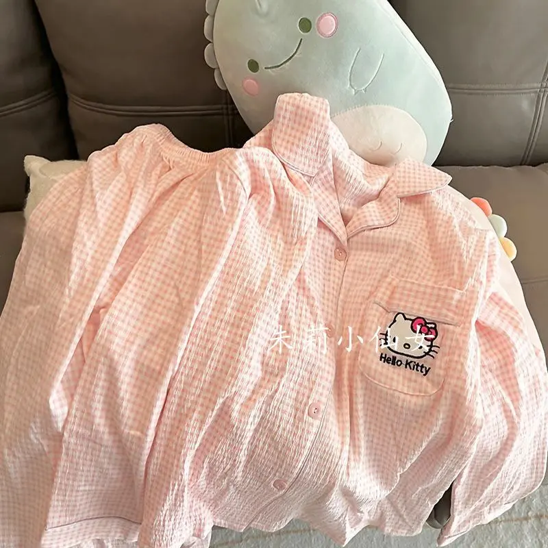 Bộ Đồ Ngủ Hello Kitty, Kẻ Sọc, Dành Cho Nữ, Phong Cách Ins Mùa Xuân Và Mùa Thu, Phong Cách Nhật Bản, Quần Dài Tay Đơn Giản, Bộ Đồ Mặc Nhà Mùa Thu, Có Thể Mặc Ngoài Trời 0