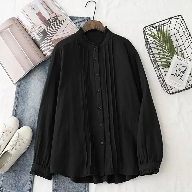 Baju atasan Wanita Simple - Hugos Top Blouse- Kemeja basic Lengan Panjang  Crinkle  Airflow Fit  Casual Baju Oversize Hitam 4