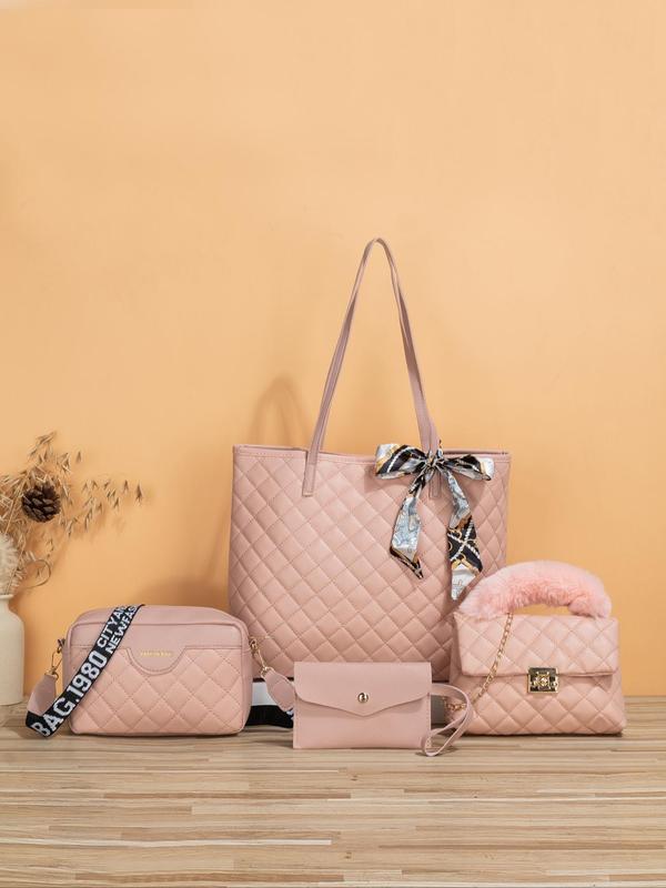 Summer 2025 Rhombus Quilted Lux Bag Set, Travel Essentials for Women,  Gifts for Girlfriend, Scarf Bow Decor Shoulder Bag & Crossbody Bag & Cute Plush Handbags & Wristlet Wallet & Crossbody Bag, Work Bag 6