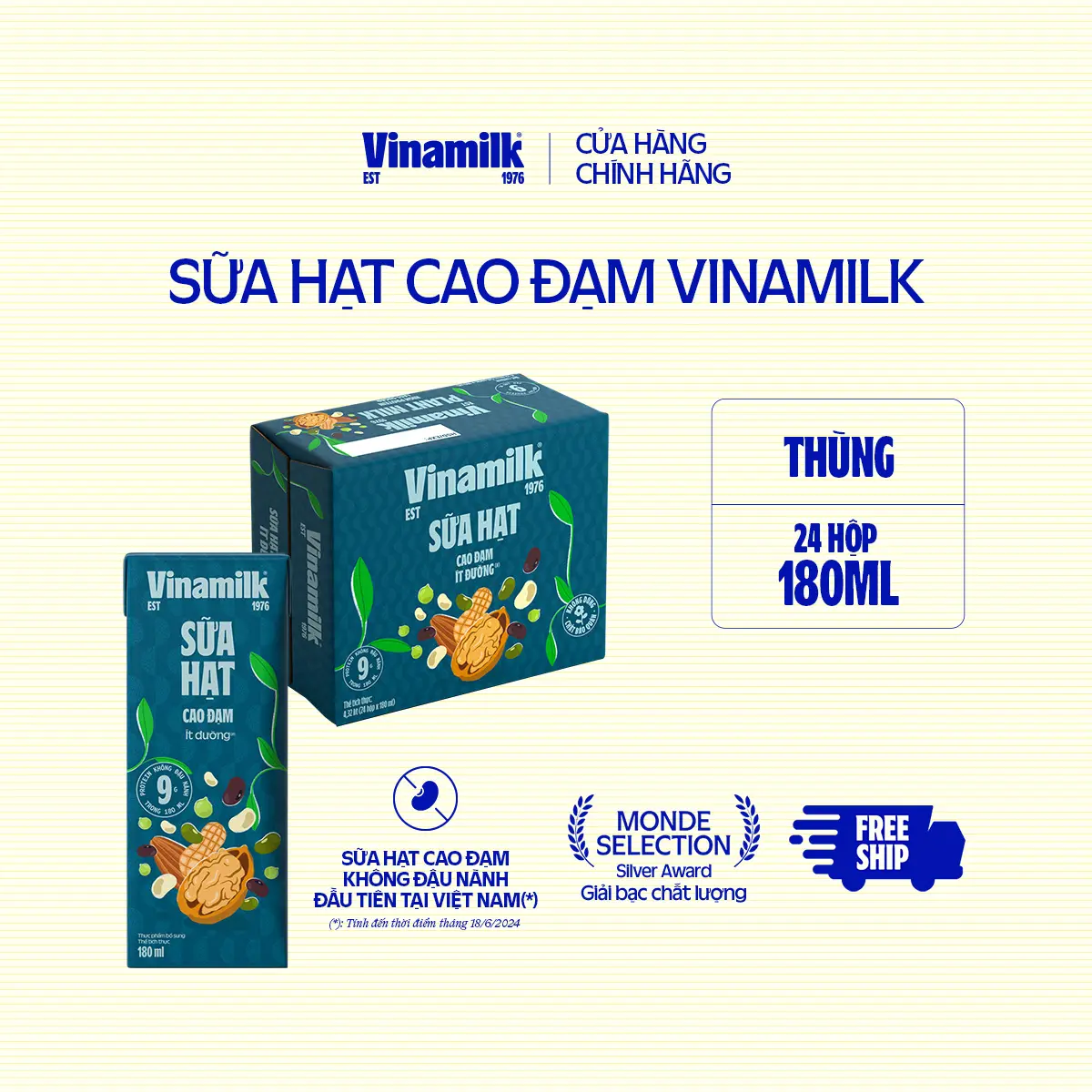 Thùng 24 hộp 180ml Sữa hạt Cao đạm ít đường Vinamilk