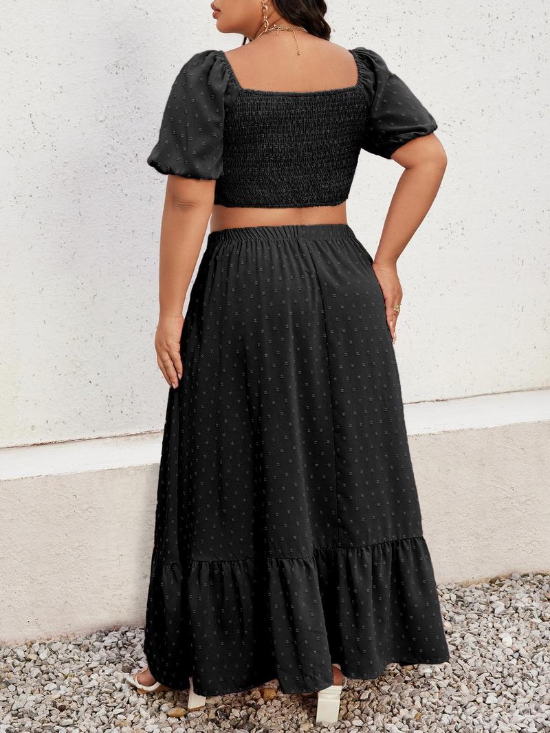 Product Introduction of CURVZY Plus Size Ruched Shirred Puff Sleeve Blouse & Ruffle Hem Skirt Set, Boho Swiss Dot Drawstring Sweetheart Neck Top & Long Skirt For Beach, Co Ords for Women, Women's Two-Piece Outfits For Summer & Autumn 8