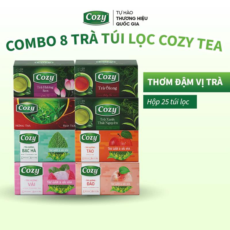 Combo 8 Trà Túi Lọc Cozy Tea Gồm Dâu, Đào, Bạc Hà, Ô Long, Hương Nhài, Hương Táo, Hồng Trà, Hương Sen Nước Trà Thơm, Chè Sạch Tươi Nguyên Chất