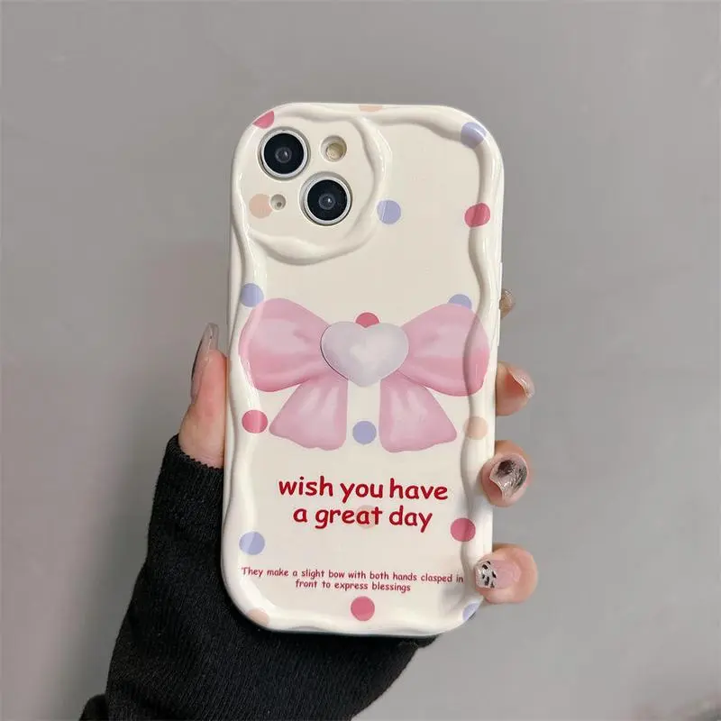 Ốp Iphone mềm hình nơ hồng dễ thương kèm dây đeo viền nổi cạnh sóng iphone 16 16pro 16promax XS 11 12 13 14 15plus xx418 2