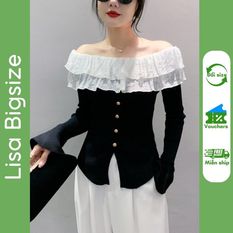 [Bigsize] Áo trễ vai len tăm co dãn dày dặn kết hợp cổ bèo tơ xốp mềm mại và tay chuông điệu đà top nữ Lisa.bigsize Women Shirt Kem Nhung