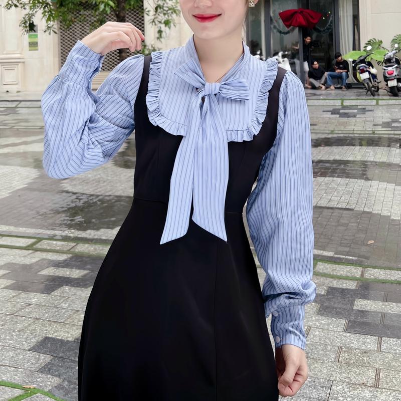 Product Introduction of Đầm Ela Clothing Thiết Kế Kẻ Nơ Phối Viền Bèo Tay Dài Cho Nữ - Women Dress váy  dày donna  đầm sét  dạ nha  dress 5