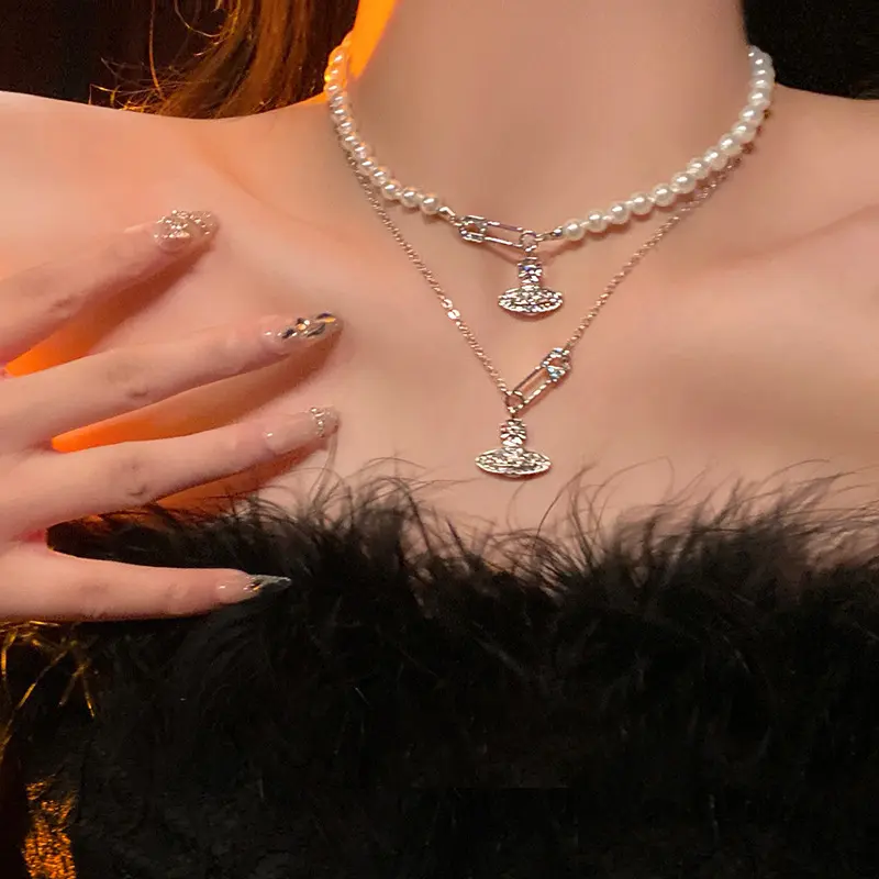 Lucent_2025 Empress Dowager Cixi New Ins Style Imitation Pearl Necklace for Women, Niche Geometric Crown Full Diamond Earth Planet Clavicle Chain
