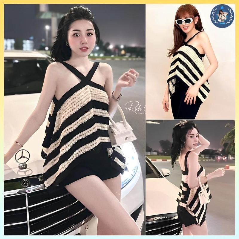 [A173] Áo LƯỚI len hàng dệt kim KIỂU YẾM dáng CROPTop Women Fashion ngắn ren lưới Quảng Châu Sọc Kẻ đi biển - L2M (Top Women Fashion ) 【 hoa hồng  【 Hỏa tốc  