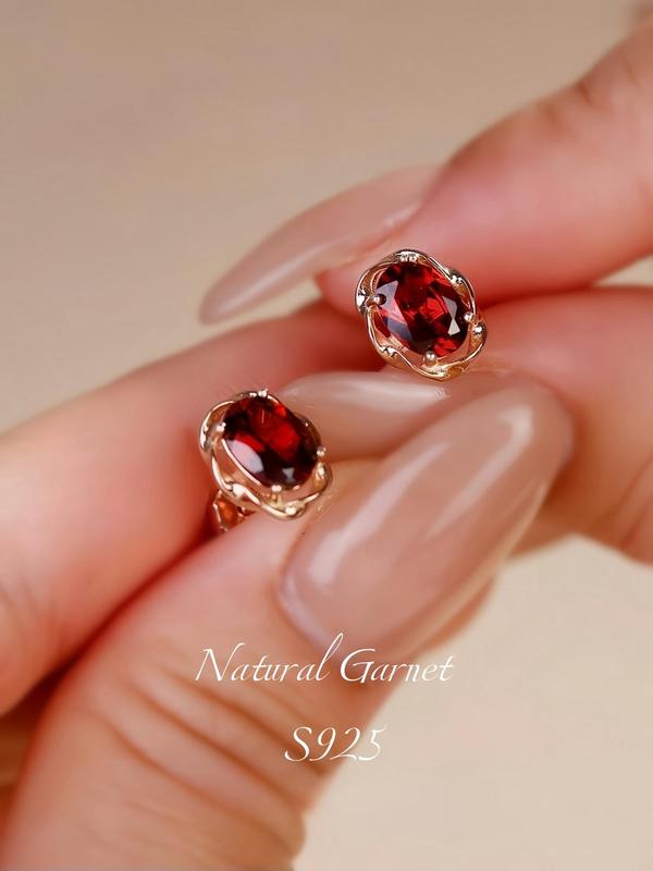 S925 Sterling Silver Natural Garnet Decorated Stud Earrings, Fashionable Earrings for Women & Girls, Trendy All-match & Exquisite Jewelry for Birthday Gift 5