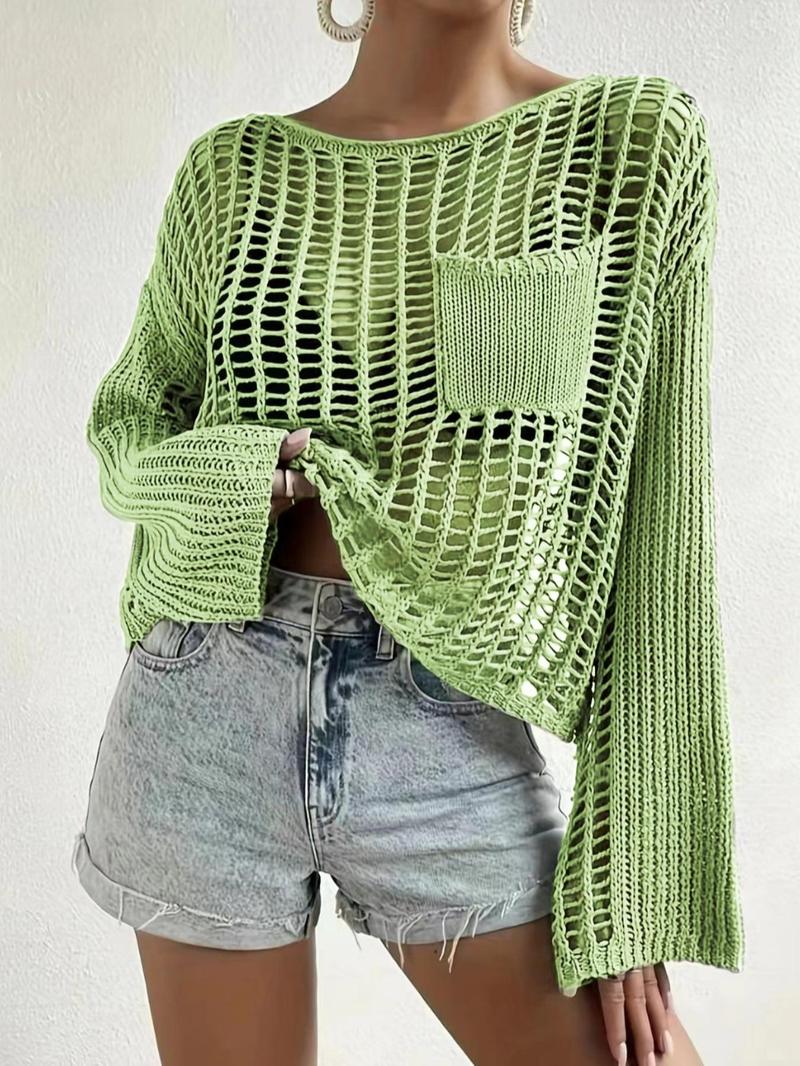 Product Introduction of Women's Plain Hollow Out Pocket Sheer Drop Shoulder Sweater, Casual Long Sleeve Crochet Jumper for Summer, Fashion Women's Knitwear for Daily Wear 1