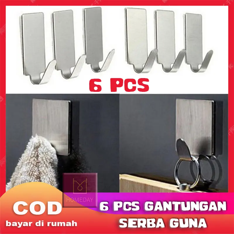 6 Pcs Stainless Steel Gantungan Serba Guna Cantolan Alat Dapur Rak Pengait Kamar Mandi Hanger Hook