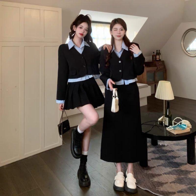 S97 Set dạ 3 món cổ xanh dài tay phối chân váy dáng ngắn + dáng dài