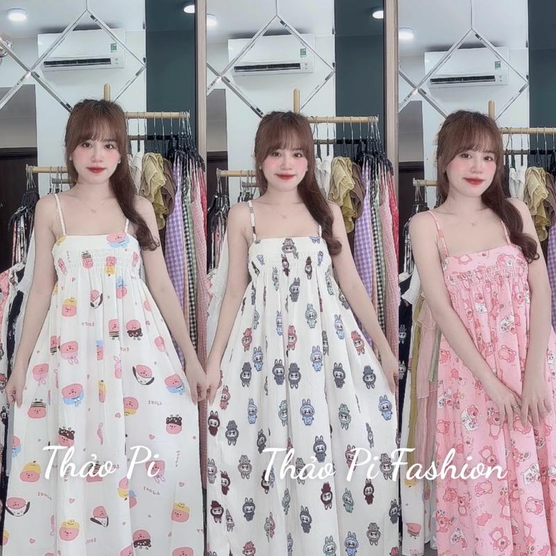 Đầm 2 dây hoạ tiết hình bản bo thun dáng suông dài 115cm dễ thương - M135G