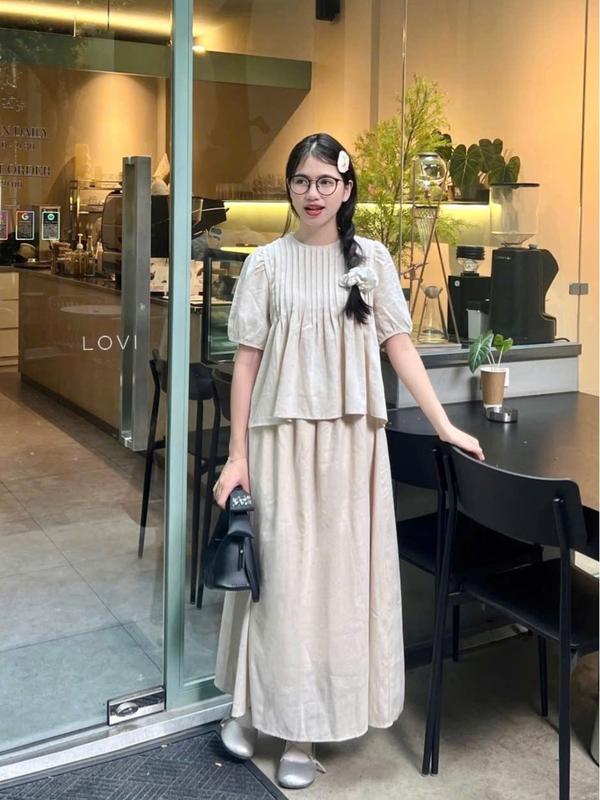 Set váy áo xếp ly tay ngắn phối chân váy dài linen dáng xòe- Set váy nhẹ nhàng thanh lịch xinh xắn cho nữ- ORA SET