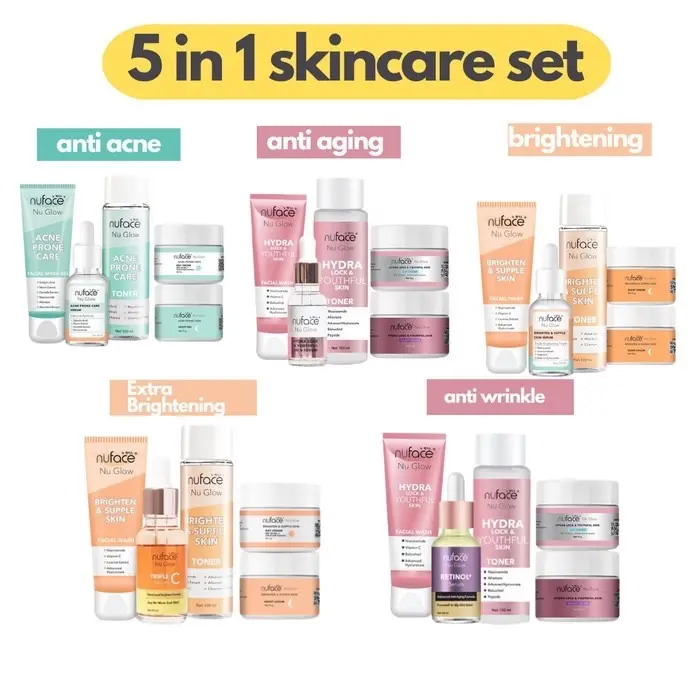 Paket 5IN1 Skincare-Brightening-Acne-HydraLock-Paket Nuface Niacinamide Cleanser Facial Wajah Aging Muka