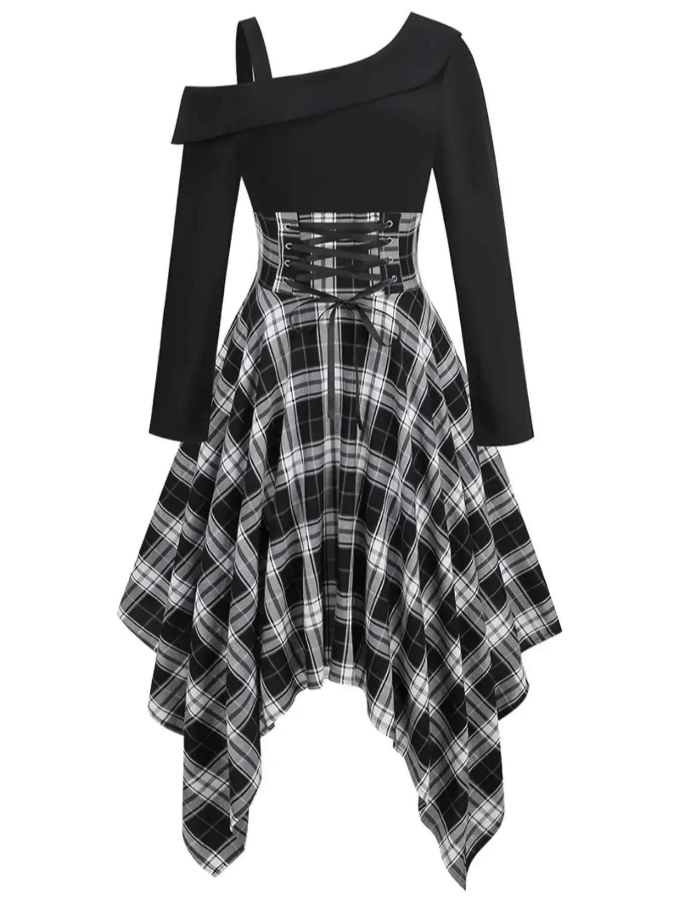 Women's Plaid Print Lace Up Asymmetrical Neck Dress, Elegant Classy Long Sleeve Midi Dress for Spring & Fall, Women's Clothing for Daily Wear