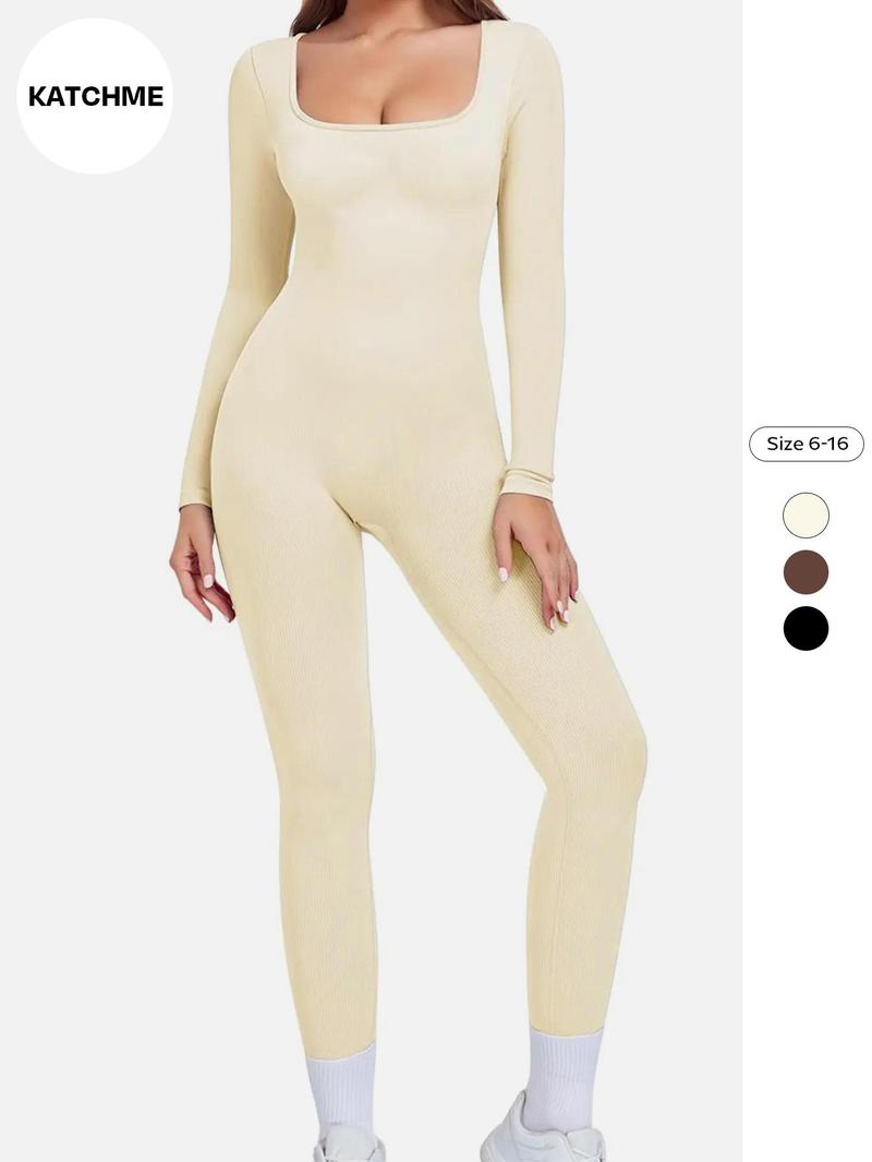 Product Introduction of Women's Solid Long Sleeve Square Neck Jumpsuit, Casual Comfy Skinny Jumpsuit for Daily Wear, Ladies Fall & Winter Clothes, Overalls 1