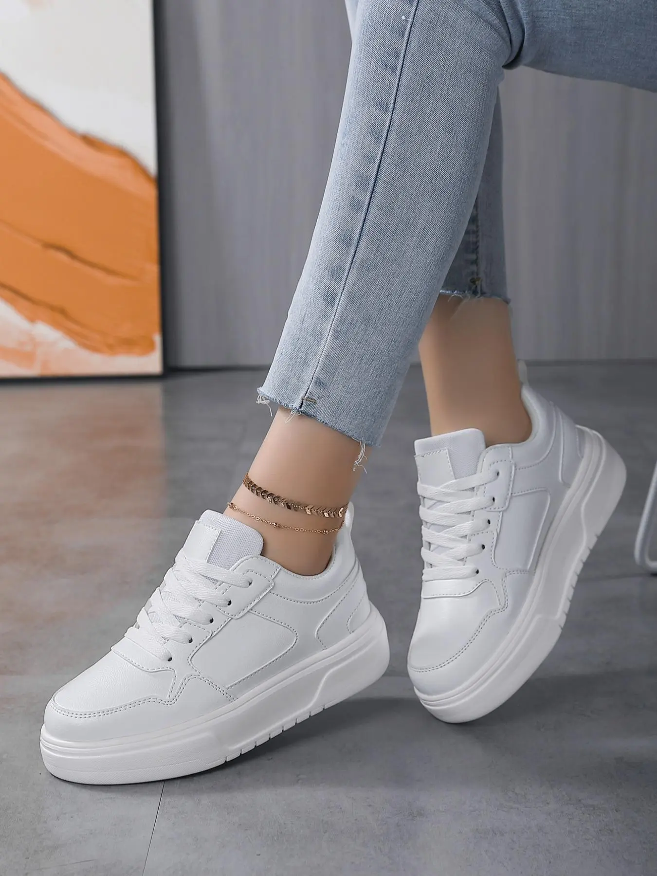 Women's Minimalist Summer Plain Round Toe Lace Up Front Low Top Platform Skate Shoes, Versatile Skate Shoes for Daily Wear, Outdoor Sports Hiking Walking Shoes, Casual Sneakers